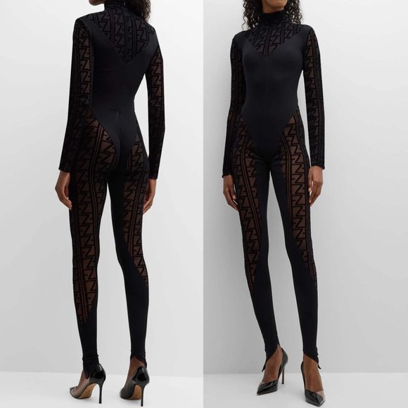 NwT size L 10-12 FUZZI Mock Neck Black Semi Sheer Bodysuit ULTRA SEXY - Picture 2 of 7